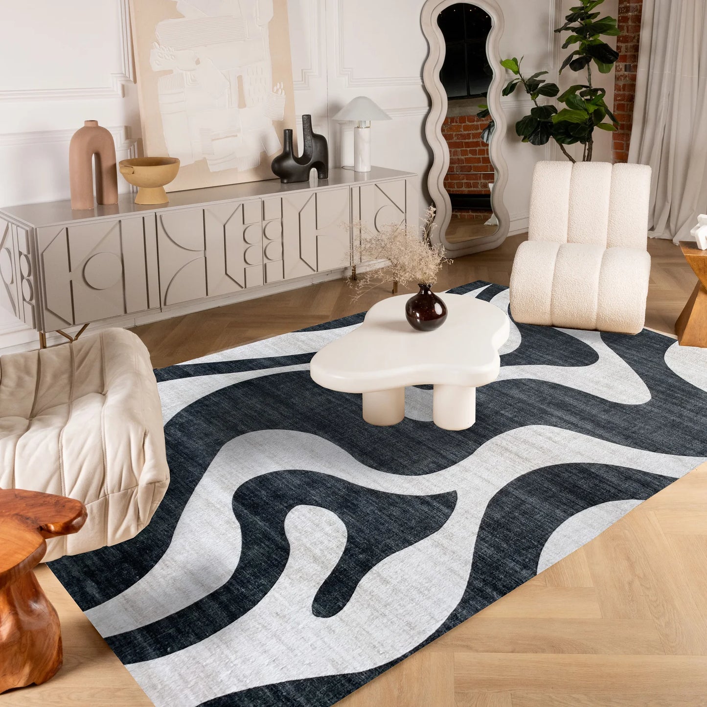 Eclipse Abstract Zebra Print Minimalist Black Rug - 5' x 8'